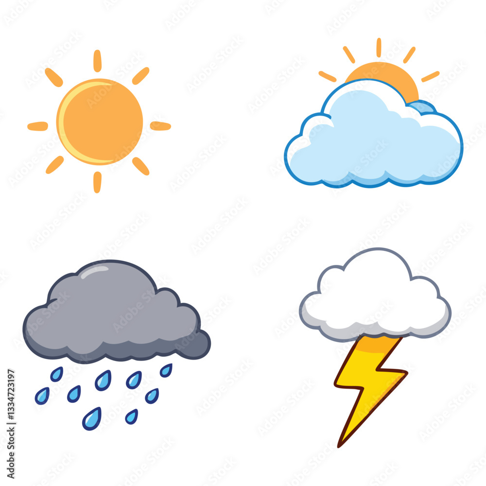 This set of four weather icons displays sunny, cloudy, rainy, and thundering weather conditions This set of four weather icons displays sunny, cloudy, rainy, and thundering weather conditions