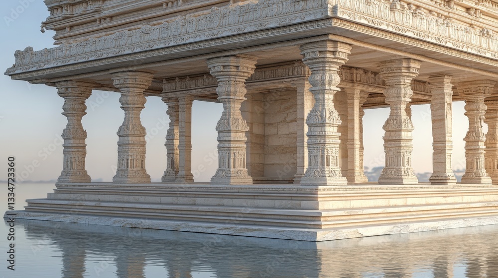 Obraz premium Serene Temple Structure Reflecting in Calm Waters at Sunrise with Ornate Pillars and Design