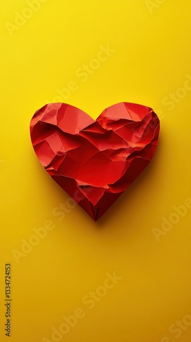 Wallpaper Mural Crumpled red heart shaped paper art on vibrant yellow background showcases creativity and emotion Torontodigital.ca