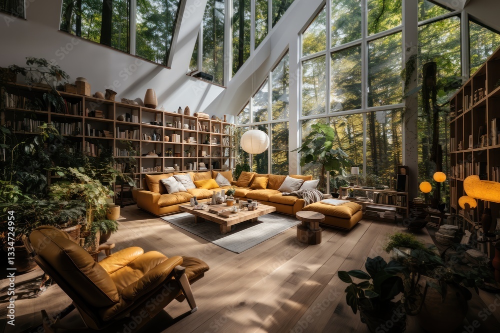 Naklejka premium Living Room. Cozy Living Room Interior. Comfortable and Stylish Design with Soft Furnishings and Relaxing Ambiance, Home Decor Concept with Copy Space. Real Estate Concept. Hotel Concept