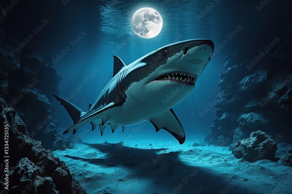Obraz premium A majestic shark gliding through the deep, illuminated by moonlight, surrounded by mysterious underwater scenery