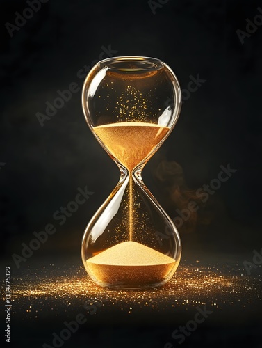 Elegant glass hourglass with golden sand flowing