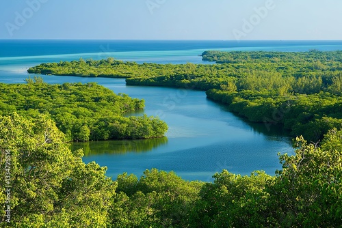 A scenic landscape features lush green vegetation and clear blue water