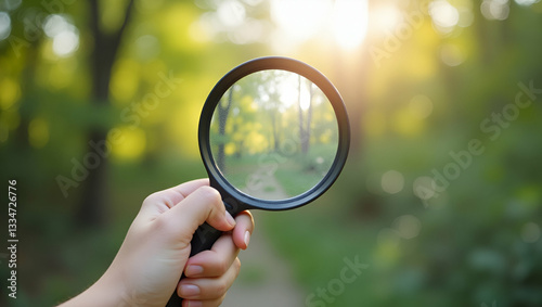 Hand Holding Magnifying Glass to Check Good Air Quality: Ensuring Clean Outdoor Air Safe from Pollution and Dust PM 2.5 - Stock Photo Concept with Empty Space