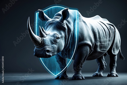 A powerful rhinoceros depicted with a glowing protective shield, highlighting themes of conservation and safety. The dramatic lighting emphasizes the photo