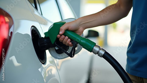 Man Handling Gasoline Fuel Nozzle to Refuel White Car at Petrol Station - Transportation and Ownership Concept with Empty Space for Stock Photo Use