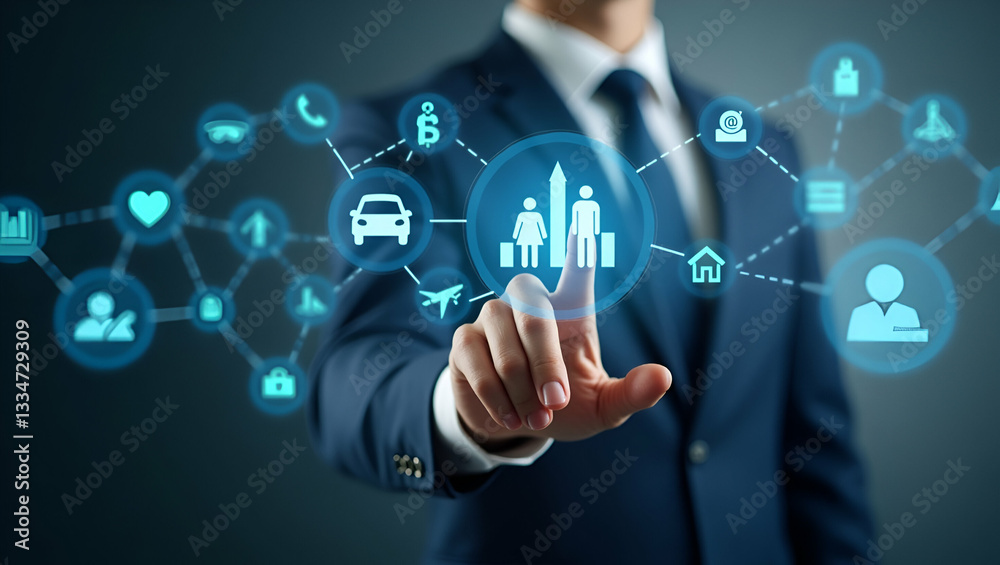 Businessman Clicking Insurance Icons: A Visual Guide to Online Car, Travel, Family, Financial, and Health Insurance Purchases with Space for Your Ideas Businessman Clicking Insurance Icons: A Visual Guide to Online Car, Travel, Family, Financial, and Health Insurance Purchases with Space for Your Ideas