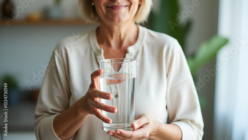 Happy healthy woman of middle age holding glass of water standing at home mature 50 years old lady enjoying drinking pure mineral clear water for body hydration morning daily hydrating treatment. conc