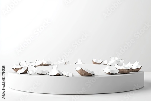 White pedestal surrounded by broken coconuts photo