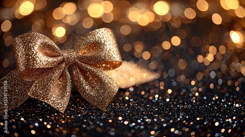 Golden bow on glittery background