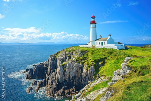 Stunning Fanad Head Lighthouse Glowing Under Sunshine, County Donegal's Majestic Coastline, Ireland photo