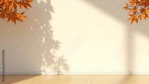 Empty wall background with sunlight superimposed shadow leaves on the wall autumn background template for product presentation concept. concept as Empty wall with sunlight casting leaf shadows creatin