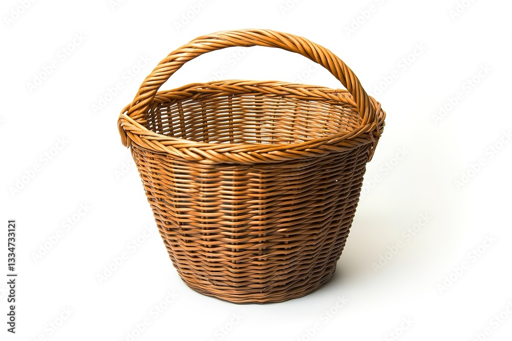Obraz premium Empty Brown Wicker Basket with Handle, Isolated on White Background
