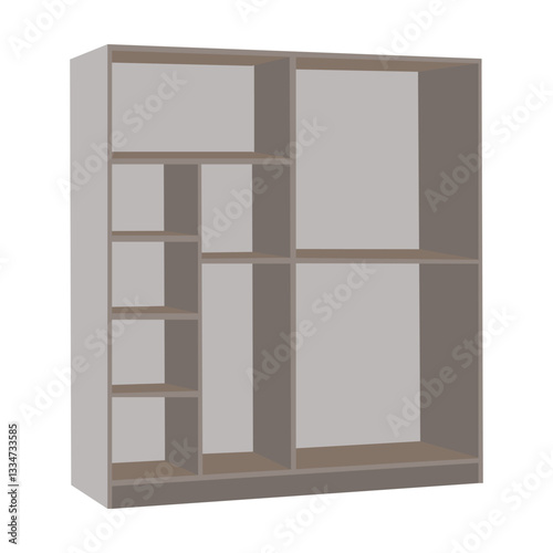 A large wooden empty wardrobe with open shelves and compartments for storage - vector illustration
