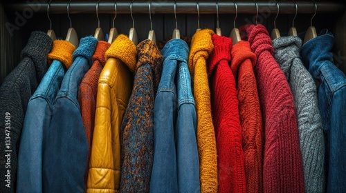 Colorful winter clothes hanging in closet on wooden hangers