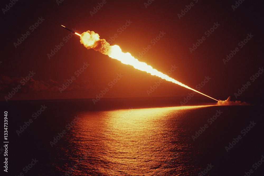 Fototapeta premium Test launch of the cruise missile from a warship against the night sky background. Missile weapons and naval forces concept. Documentary shot for poster, presentation, design