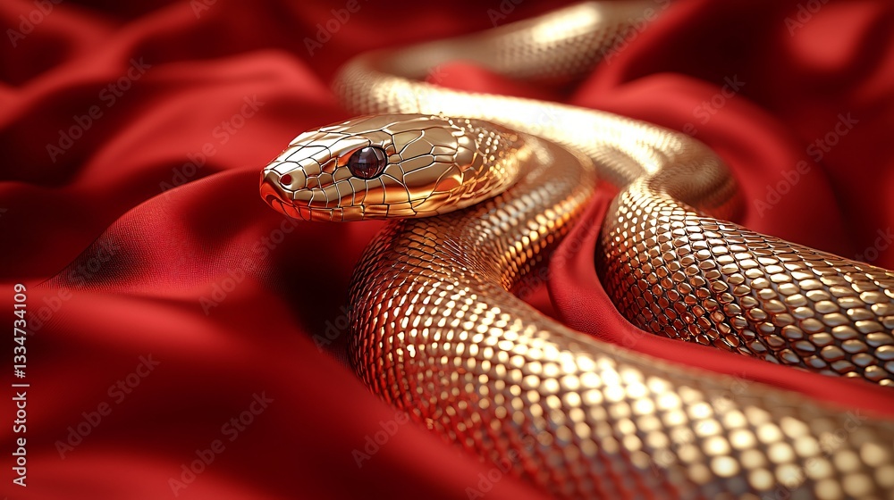Fototapeta premium Golden Snake on Red Fabric