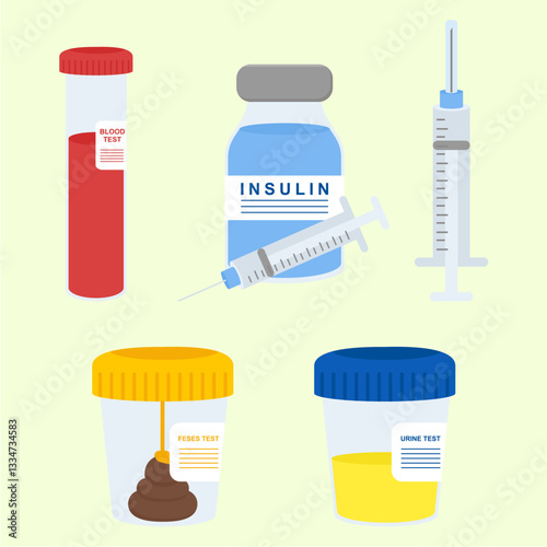 Illustration of medical equipments, inject, blood test, urine test, feces test, insulin.