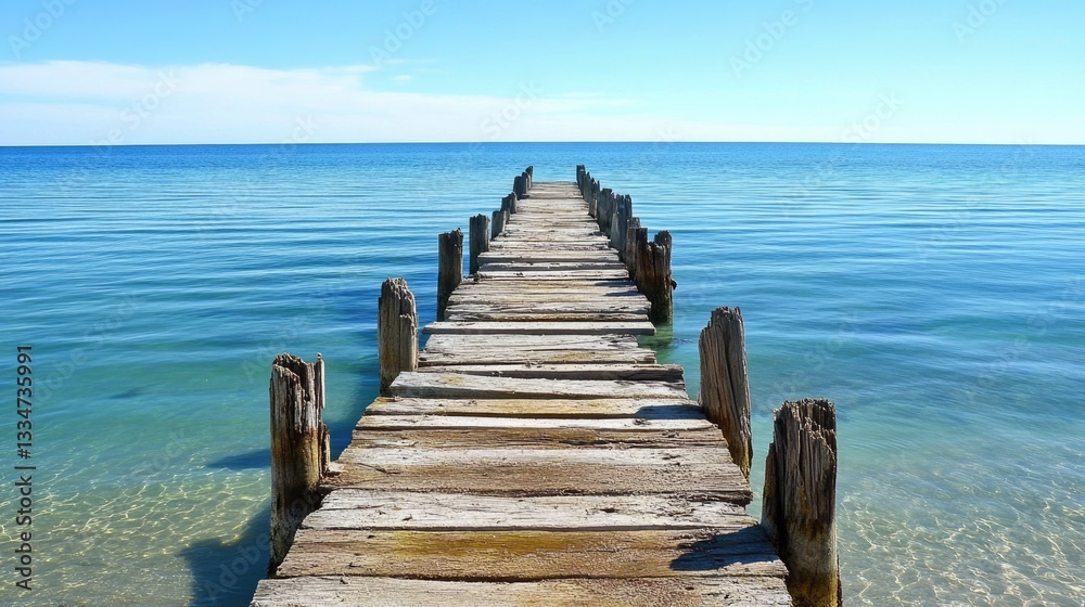 Fototapeta premium Weathered Posts of a Crumbling Pier Extending into Serene Blue Waters