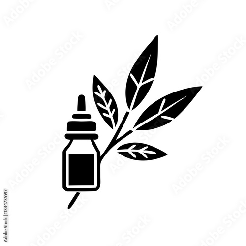 Natural remedy concept featuring a dropper bottle with  therapeutic oil and a herbal