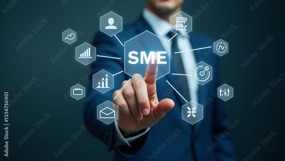 Hand Pointing at Holographic Icons Representing SME Business Growth Strategies: Visualizing Success for Small and Medium Enterprises in a Conceptual Empty Space Hand Pointing at Holographic Icons Representing SME Business Growth Strategies: Visualizing Success for Small and Medium Enterprises in a Conceptual Empty Space