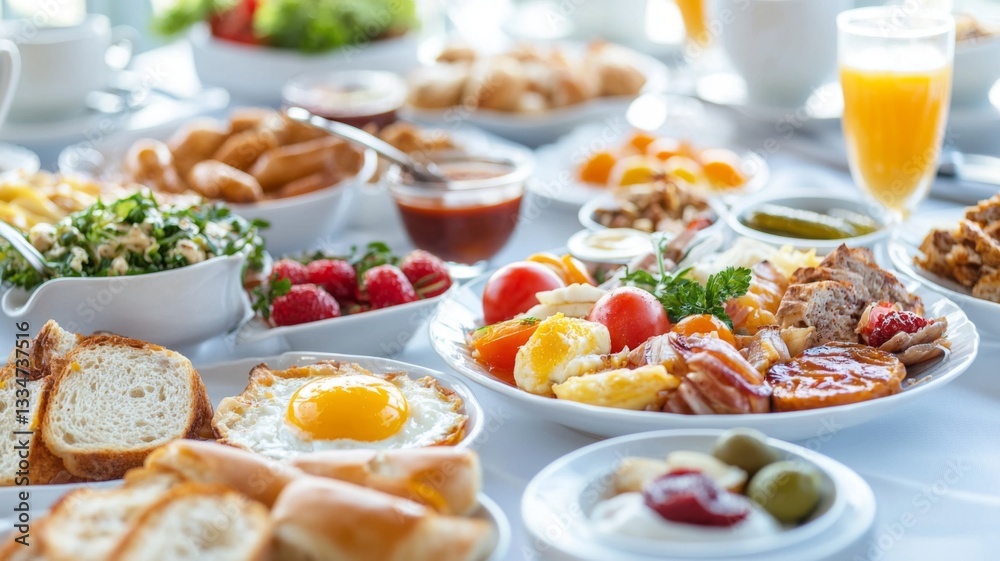 Sumptuous Sunday Brunch Buffet, a delightful spread of diverse breakfast and lunch options, ideal for a weekend treat at a cozy café or upscale restaurant. Sumptuous Sunday Brunch Buffet, a delightful spread of diverse breakfast and lunch options, ideal for a weekend treat at a cozy café or upscale restaurant.