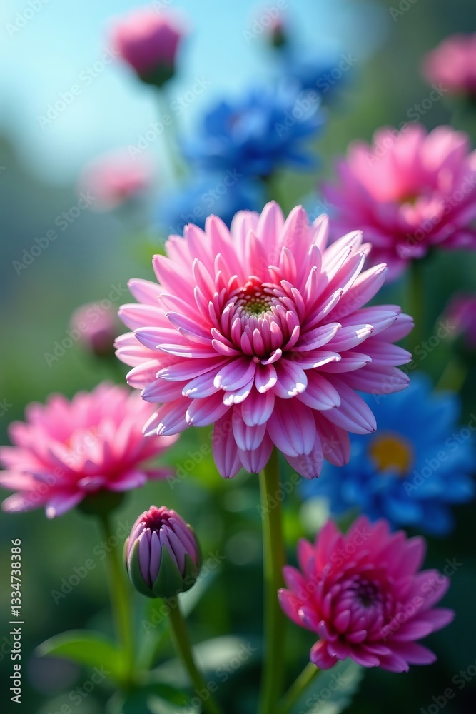 Fototapeta premium Close-up of vibrant blue and pink chrysanthemum flowers in full bloom on a sunny day, pink, nature, colorful