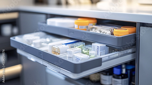 Wallpaper Mural detailed shot of open medication dispenser drawer filled with various pill bottles and boxes, showcasing organized storage system in modern kitchen setting Torontodigital.ca