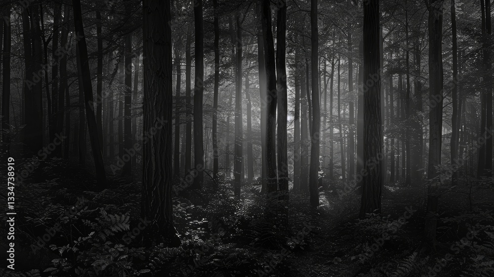 Naklejka premium Ethereal Sunlight Piercing Through Dense Forest Canopy Creating a Mystical and Dramatic Black and White Woodland Scene with Tall Tree Trunks