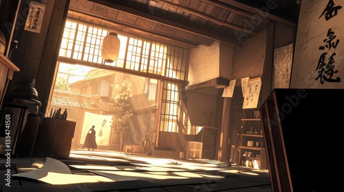 Serene Japanese Traditional Interior with Soft Sunlight and Artistic Atmosphere
