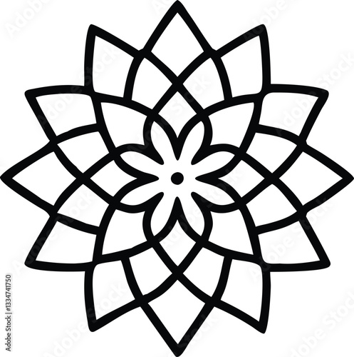 
A minimalist mandala with a central circular motif,
 surrounded by concentric layers of simplistic shapes like squares, triangles,
 and petals. The black line art is clean and bold,
 standing against