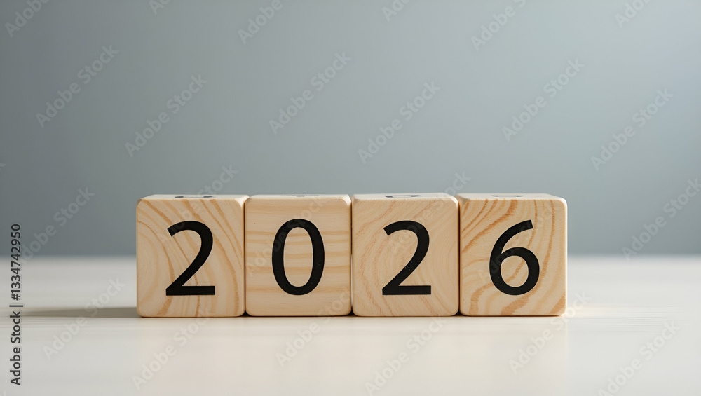 2026 Finance Concept: Flipping Wooden Cube on Gray Desk Symbolizing New Year, Project Initiation, and Budget Planning with Space for Ideas 2026 Finance Concept: Flipping Wooden Cube on Gray Desk Symbolizing New Year, Project Initiation, and Budget Planning with Space for Ideas