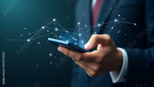 Flat Businessman hand using mobile phone dots online communication network copy space concept as Businessman uses mobile phone with digital dots highlighting online communication and networking in  Si