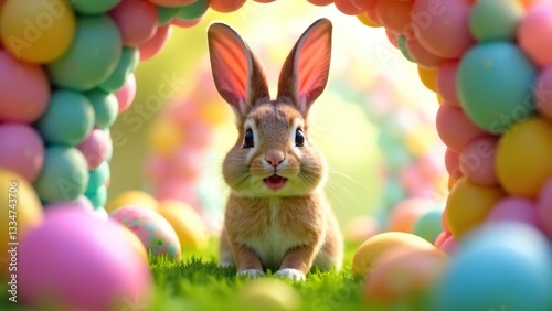Bunny smiling through Easter Egg Tunnel. Easter concept