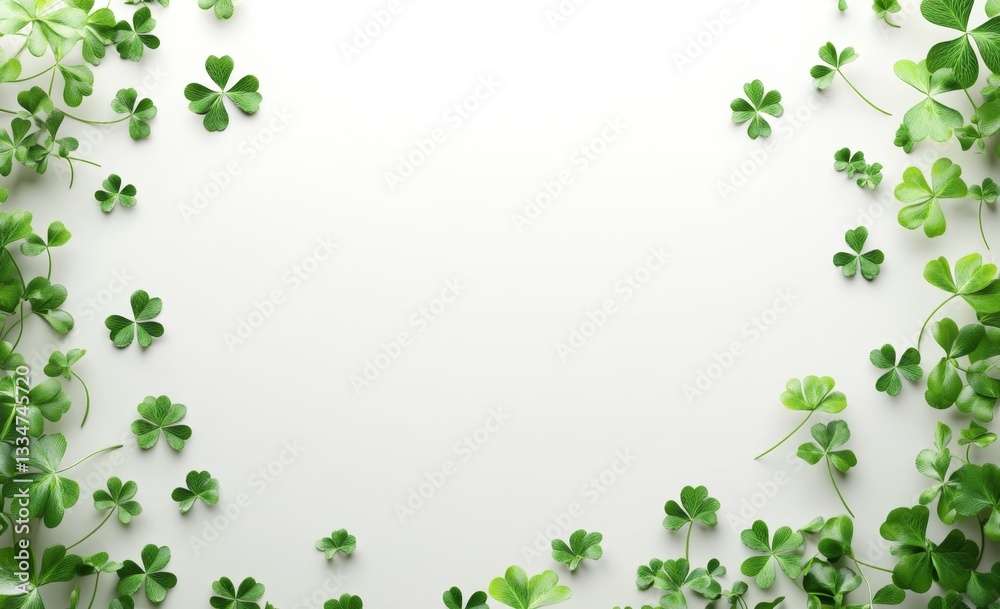 Fresh green clover leaves arranged in a frame on a white background
