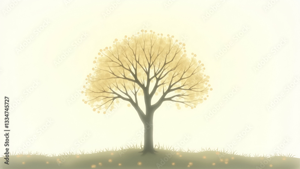 Naklejka premium Watercolor painting of a single tree highlighting its unique silhouette against a soft background concept as Beautiful watercolor depiction of a single tree with a distinct silhouette set against a so