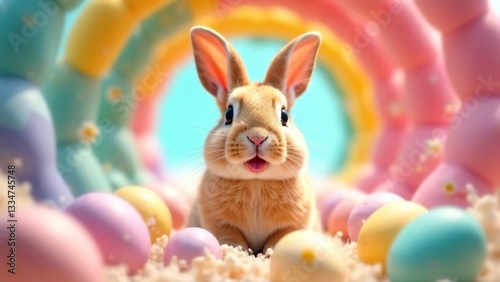 Bunny smiling through Easter Egg Tunnel. Easter concept