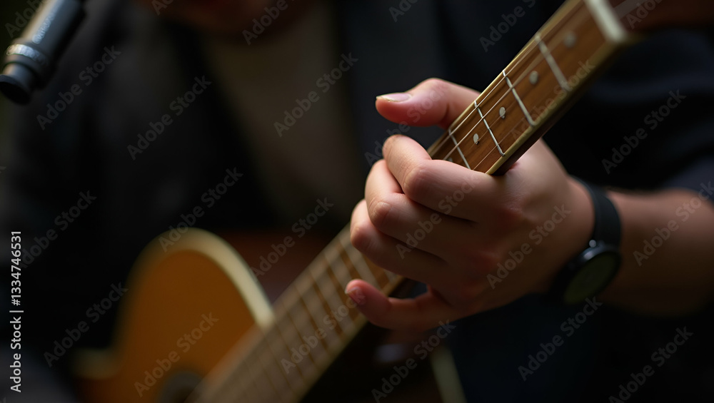 Fototapeta premium Close up of man hand playing guitar illustrating musical creativity and craftsmanship in performance context. concept as Close up of mans hand playing guitar illustrating musical creativity and crafts