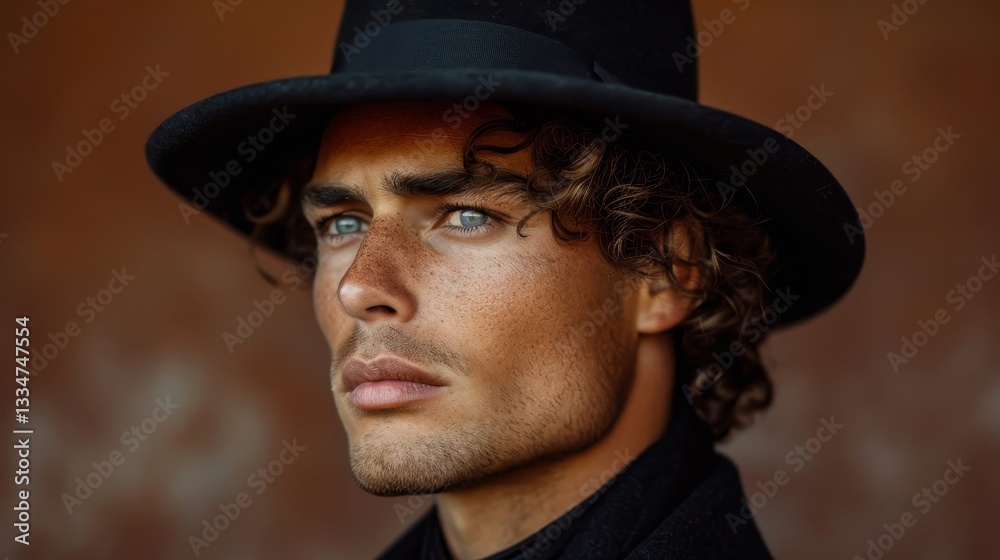 Portrait of a Man with a Side Part and a Bowler Hat on a Dark Brown Background Portrait of a Man with a Side Part and a Bowler Hat on a Dark Brown Background
