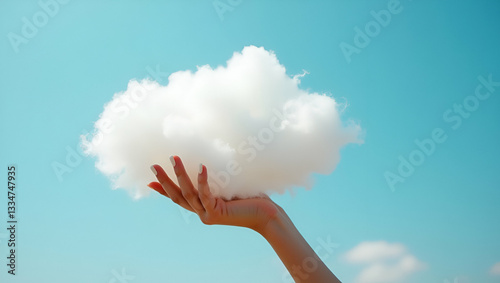 Flat woman hand holding cotton wool cloud sky background imagination development copy space concept as A woman holds cotton wool against a blue sky symbolizing imagination creativity and limitless pot