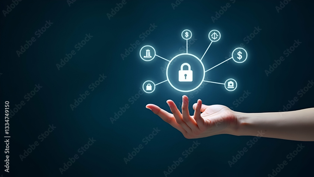 Flat Hand interacting with holographic digital banking interface showing financial services data security currency exchange payment icons in empty space concept as Hand interacts with holographic digi Flat Hand interacting with holographic digital banking interface showing financial services data security currency exchange payment icons in empty space concept as Hand interacts with holographic digi