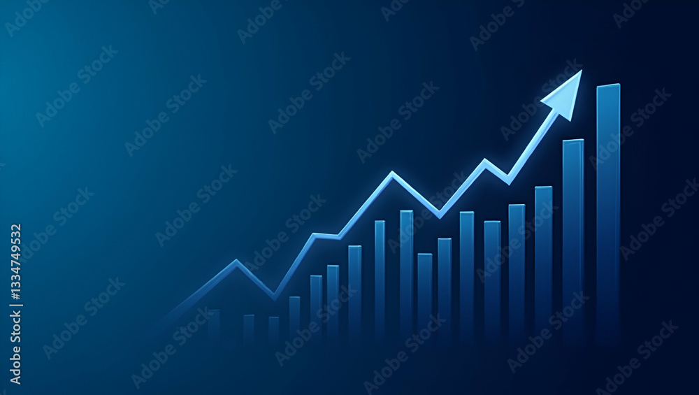 Widescreen abstract financial graph with uptrend line and bar chart of stock market on blue background symbolizing financial growth and market trends. concept as Widescreen abstract financial graph wi Widescreen abstract financial graph with uptrend line and bar chart of stock market on blue background symbolizing financial growth and market trends. concept as Widescreen abstract financial graph wi