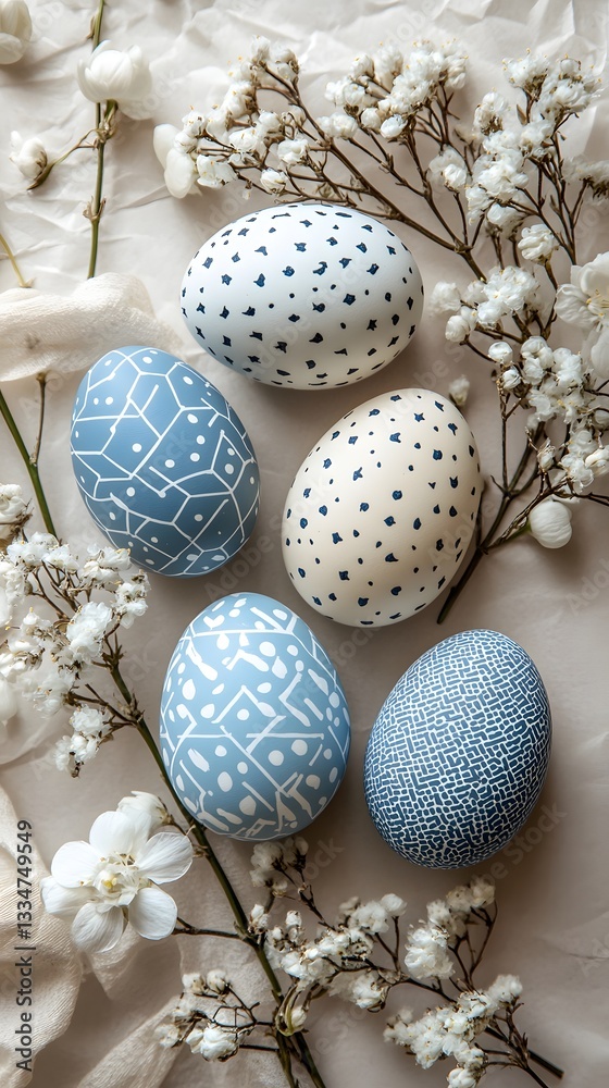Fototapeta premium Easter Egg Decor: Exquisite decorated Easter eggs nestled amongst delicate floral arrangements, symbolizing the renewal of spring and the joy of the holiday.