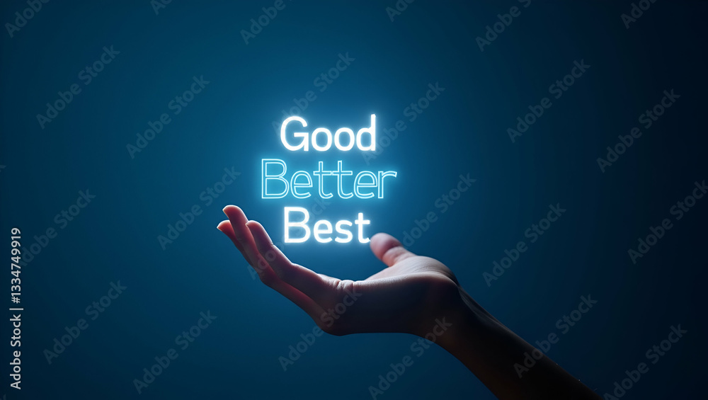 Flat Hand Illustration: Highlighting 'Best' in Holographic Good-Better-Best Sequence on Blue Background - A Smart Business Concept for Quality Improvement Flat Hand Illustration: Highlighting 'Best' in Holographic Good-Better-Best Sequence on Blue Background - A Smart Business Concept for Quality Improvement