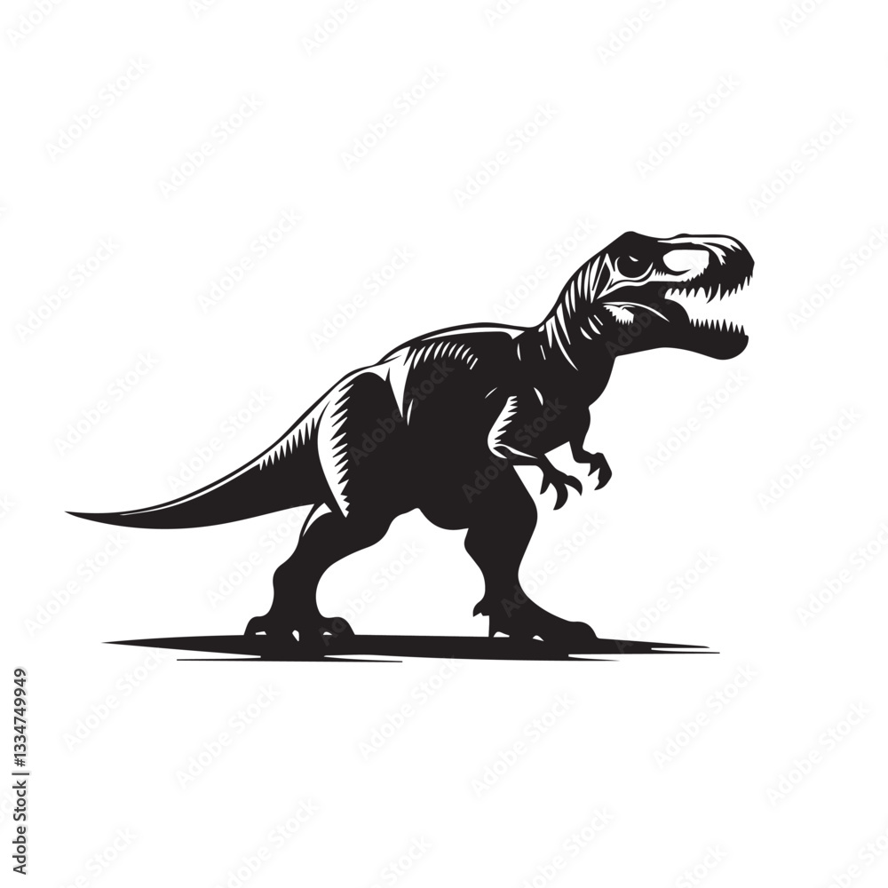 Fototapeta premium black and white vector image of a tyrannosaurus dinosaur with sharp teeth and an open mouth, shadow 