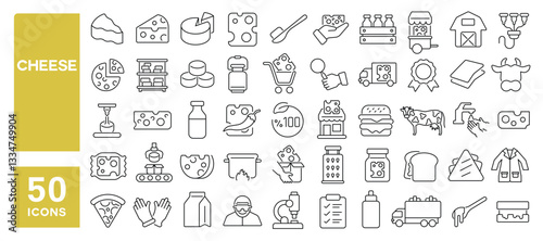 Set of 50 line icons related to cheese, parmesan, cream, slice, milk, cheddar, feta, butter, smoked, dairy, brie, mozzarella, cottage, Editable stroke. Vector illustration