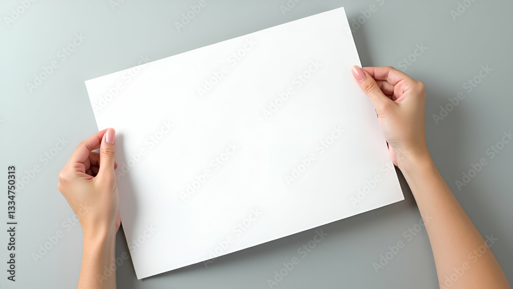 Flat Detail of female hand gripping empty sheet portraying open opportunities customizable branding and personal or corporate messaging. concept as Minimalistic frame spotlights plain document ready f