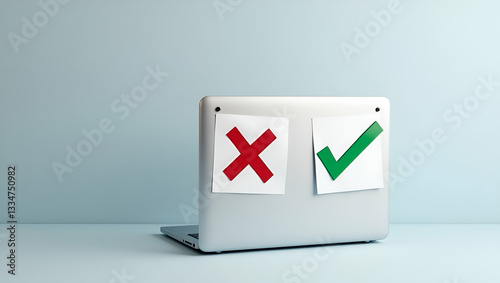 Free Download Flat select check mark laptop check right wrong marks decide choose vote yes no decisions business options difficult situations dilemma concept as Selecting check marks on laptop with right and wrong  - GFXLoad