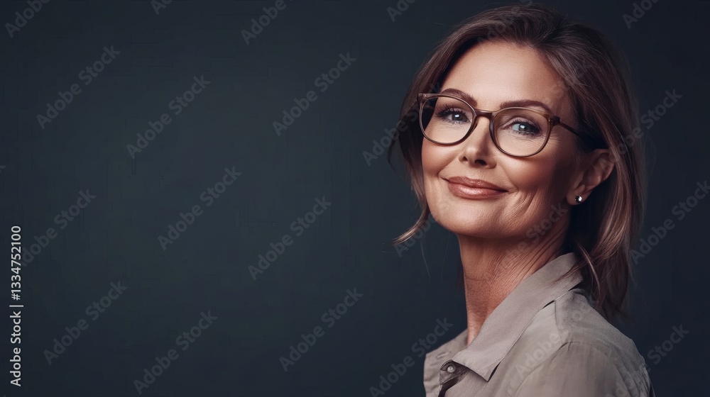 A smiling woman with eyeglasses looking towards the camera A smiling woman with eyeglasses looking towards the camera