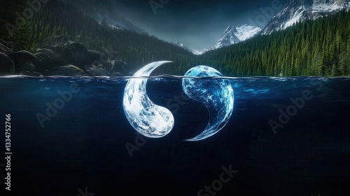 Glowing Yin Yang Symbol of Two Opposing Fish Against a Monochrome Backdrop Harmony in Contrast